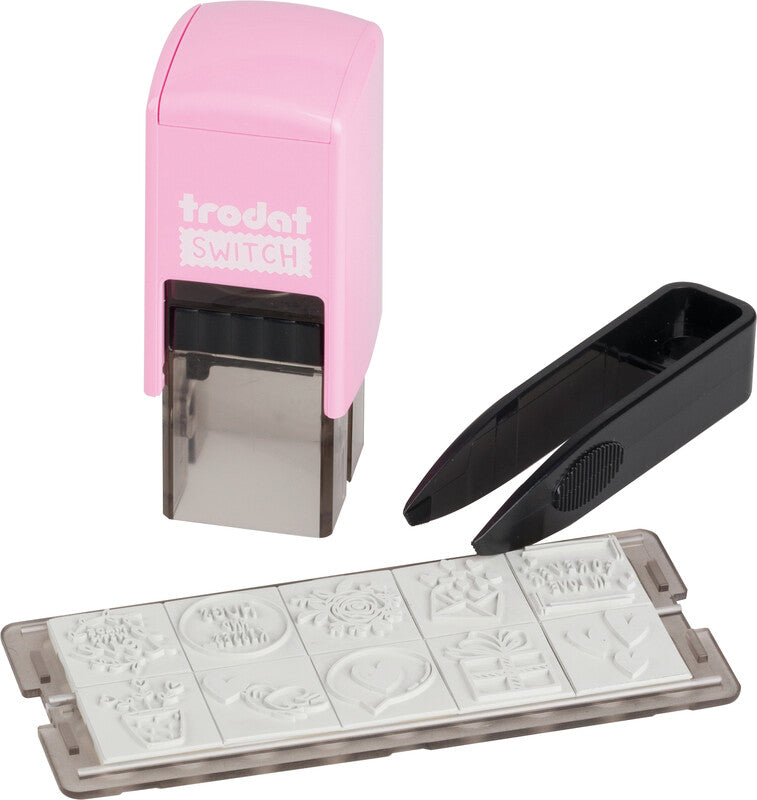 Trodat Love Messages Motivstempel-Set – selbstfärbend, 10 Textplatten 19 × 19 mm, 2 Kissen (pink/schwarz)