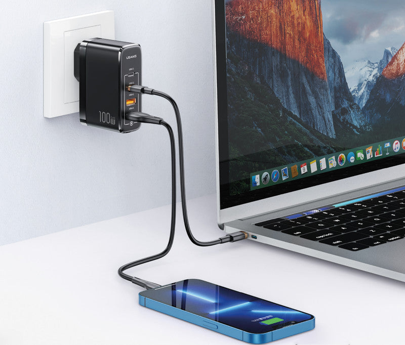 Usams Ladegerät – 100 W, 2× USB-C + 2× USB-A, 1 m Kabel