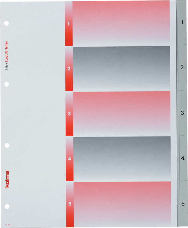 Kolma LongLife XL Register – Vollformat, 5-teilig, PVC, Grau, vorgedruckt, Indexblatt, 4-fach Lochung