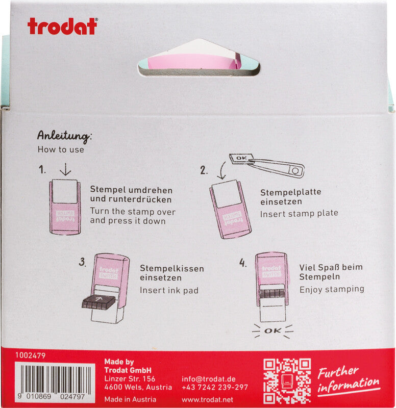 Trodat Love Messages Motivstempel-Set – selbstfärbend, 10 Textplatten 19 × 19 mm, 2 Kissen (pink/schwarz)
