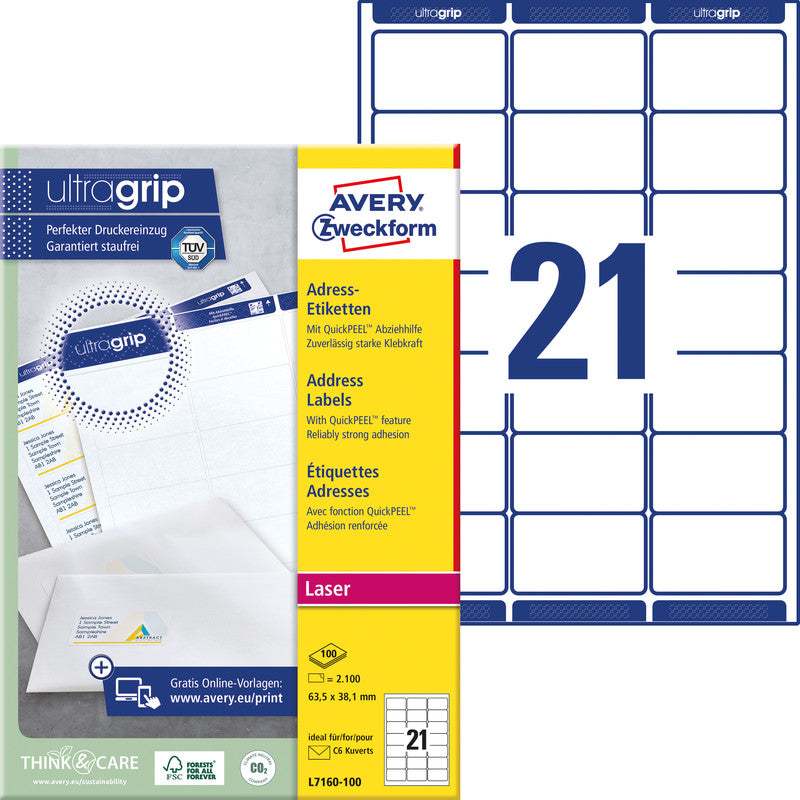 Avery Adressetiketten, 64 mm × 38 mm, weiss, Papier, permanent, 2100 Etiketten (100 Blatt)