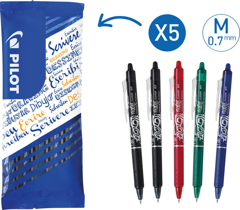 Pilot FriXion Ball Clicker – Radierbarer Tintenroller-Set, 0,7 mm, farbig sortiert, 5er Beutel