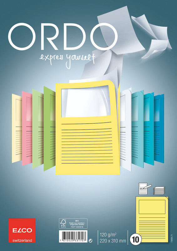 Elco Ordo Classico Sichtmappe A4 – Gelb, Papier, Beschriftungsvordruck, Sichtfenster, 10er-Pack