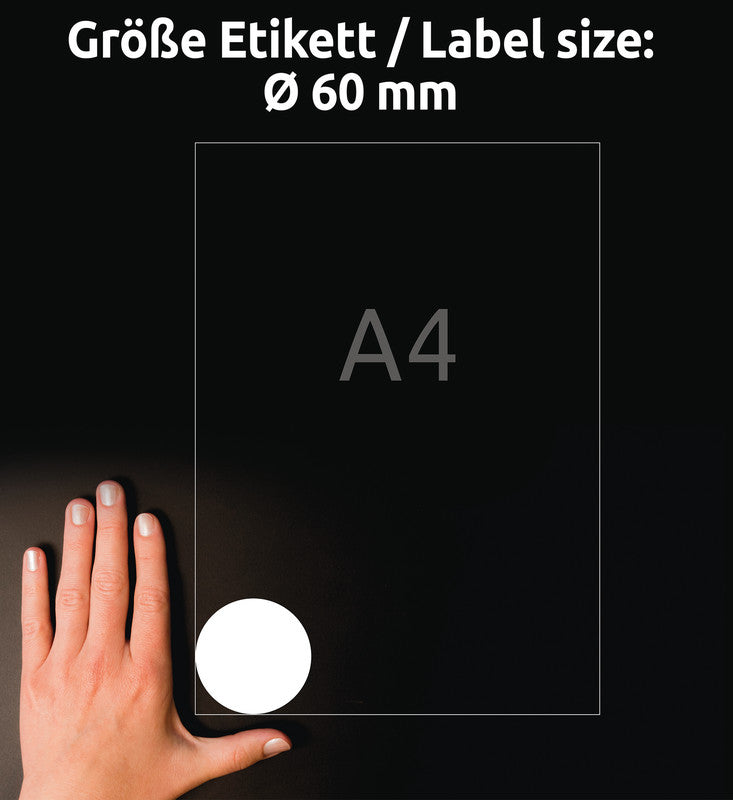 Avery Etiketten A4 Ø 60 mm – Papier – permanent haftend – Laser/Inkjet – 12 pro Blatt, 100 Blätter (1'200 Stk.)