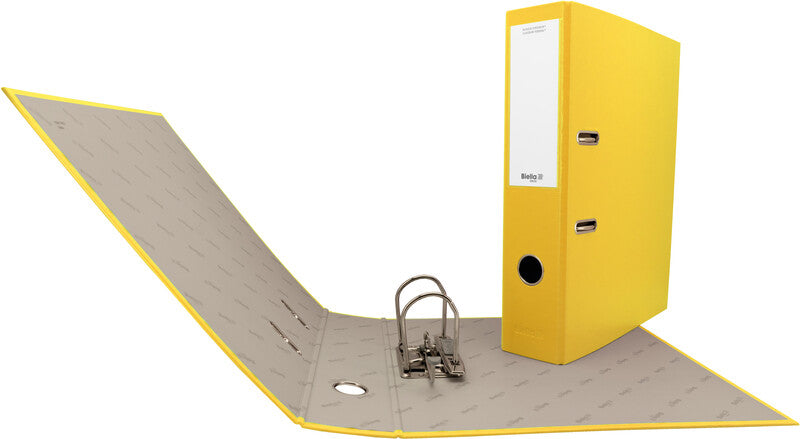 Biella Ordner – A4 hoch – 2-Ring Hebelmechanik, Rücken 70 mm – gelb, mit Niederhalter, mit Griffloch, FSC