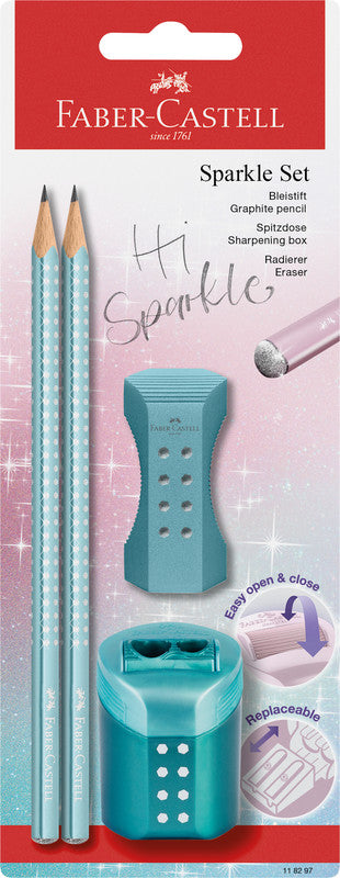 Faber-Castell Grip Hi Sparkle Bleistift, Dreikant, B, Mine Ø 2 mm, Ocean Metallic – 4-teiliges Set