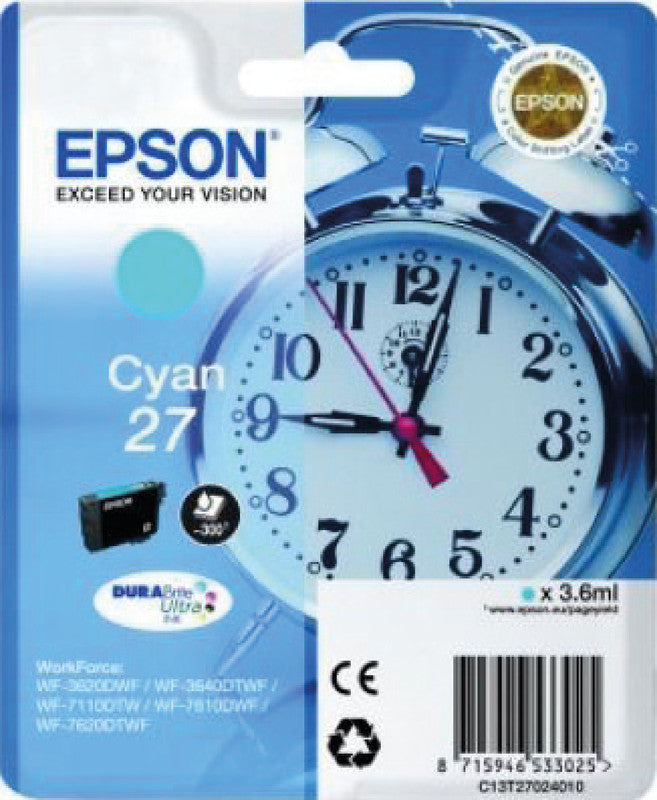 Epson Tintenpatrone 27, cyan, 3,6 ml – für verschiedene Drucker