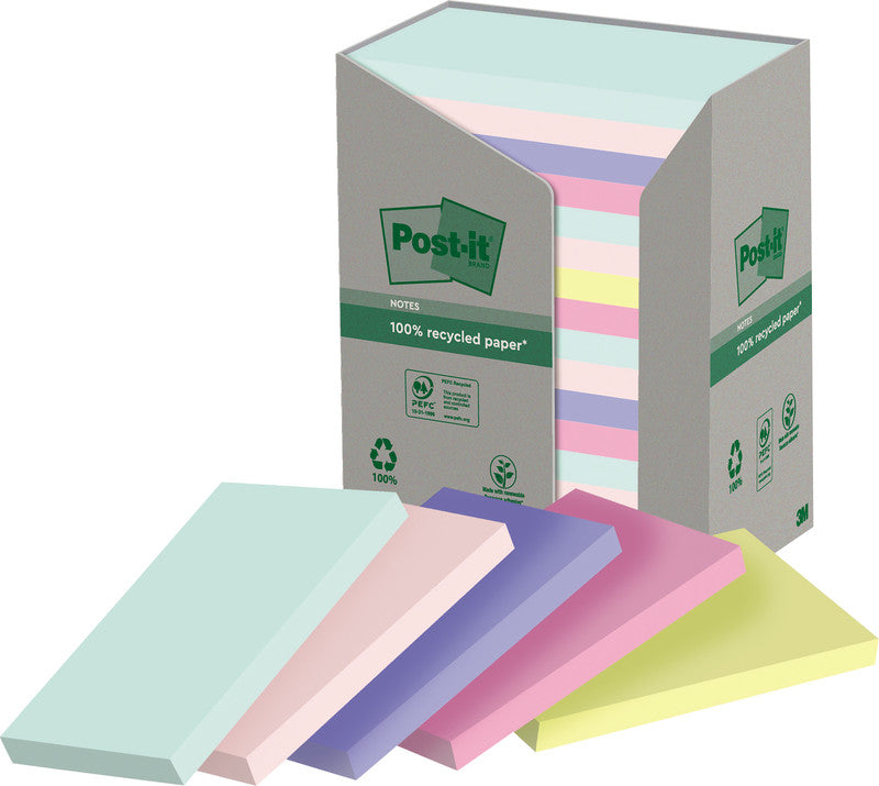 Post-it Haftnotizen Recycling Tower – 127×76 mm – sortiert, 16×100 Blatt, PEFC