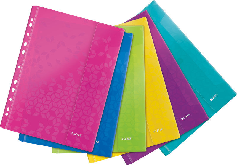 Leitz WOW A4 Prospekthülle, Eurolochung, 200 µm, Seitenklappe, Klettverschluss, 40 Blatt, assortiert – 6 Stück