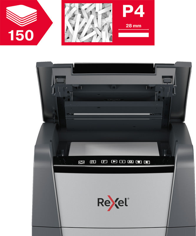 Rexel Optimum AutoFeed+ 150X – Aktenvernichter mit Autofeed 150 Blatt, DIN P-4, Partikelschnitt 4 × 28 mm, 44