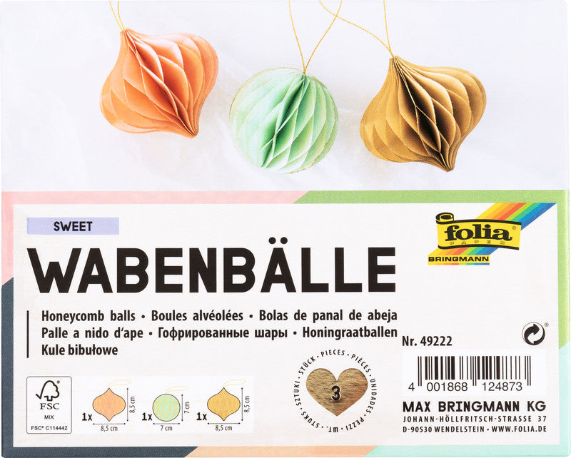 Folia Wabendekor Bälle, Papier, sortiert, Ø 7–8,5 cm, 3er-Set – Sweet – FSC, eco:plus