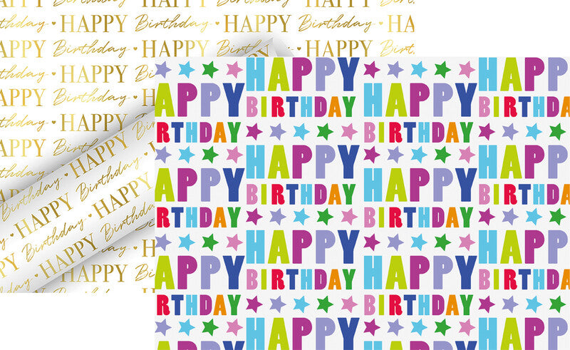 Braun + Company Geschenkpapier – Happy Birthday, Sterne – aluminiumbedampftes Papier, 83 g/m2 – 700 × 1500 mm