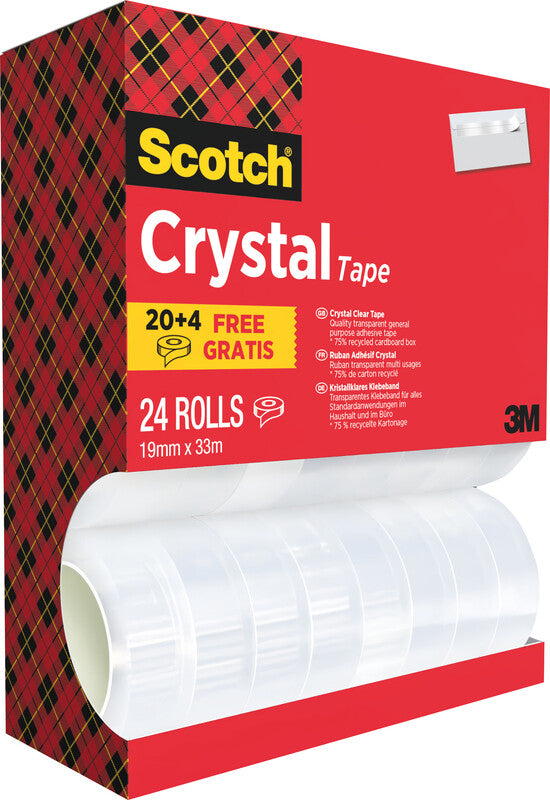 Scotch Klebeband Crystal – permanent, Kunststoff, 19 mm × 33 m, transparent, Kern Ø 25 mm, 24 Rollen