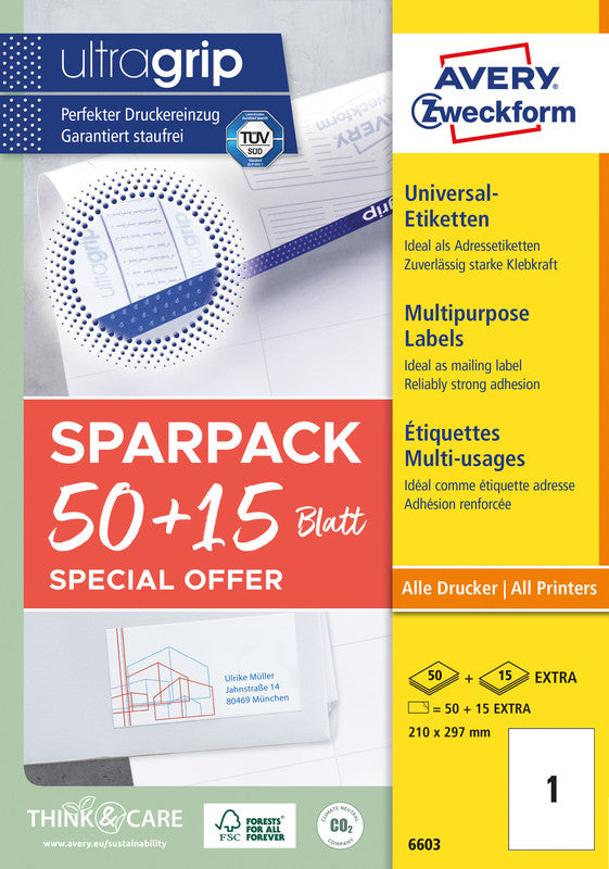 Avery Druckeretiketten, 210 mm × 297 mm, weiss, Papier, permanent, 65 Blatt