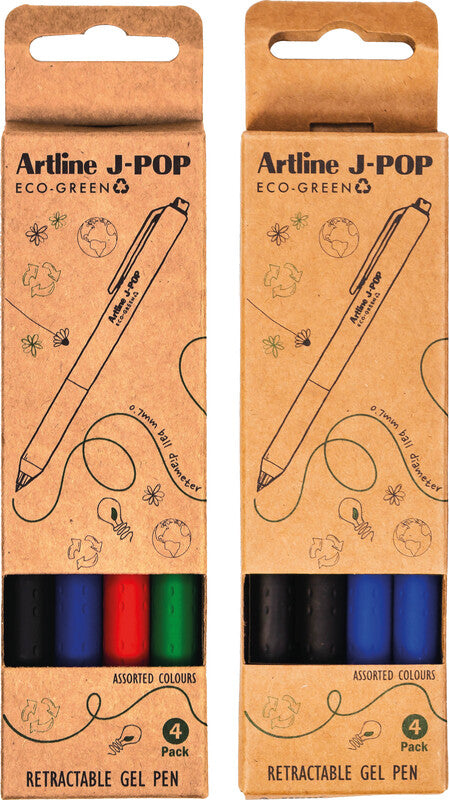 Artline J-Pop Eco-Green – Tintenroller-Set, Druckmechanik, 0,7 mm, Schwarz/Blau, 4er Etui