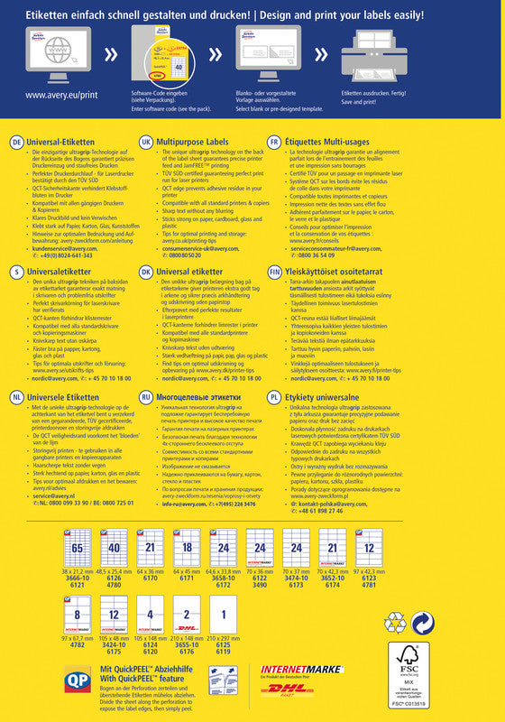 Avery 6121 – Etiketten A4 38 × 21,2 mm – Papier, weiss – permanent haftend – 65 pro Blatt, 30 Blätter (1'950 Stk.)