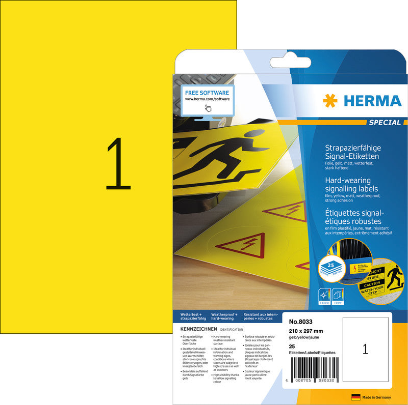 HERMA Druckeretiketten, 105 mm × 148 mm, gelb, Folie, extra stark haftend, Packung à 25 Blatt