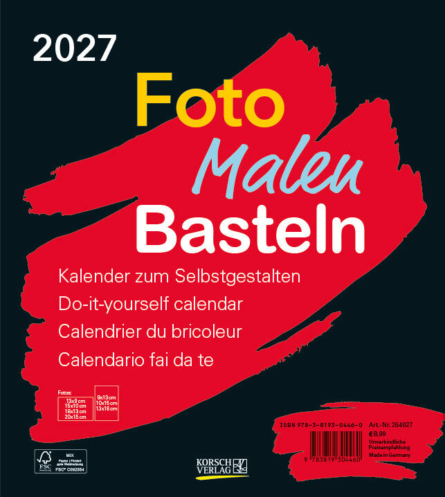 Korsch Bastelkalender Foto Malen Basteln 2027 – 21 × 29,7 cm – mit Tagesfeldern, mit Aufhänger