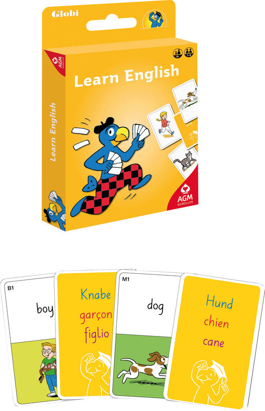 AGM AG Müller – Lernspiel Globi Learn English 1 – ab 1 Spieler, ab 8 Jahren, d/f/i/e, 110 Karten, 90 × 144 × 20 mm