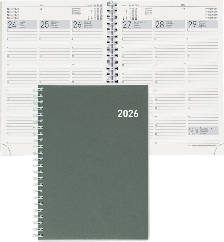 Biella Terminia Agenda – 1 Woche/2 Seiten, Wire-O, 14,5 × 20,5 cm, 2026, mehrsprachig, grau, FSC