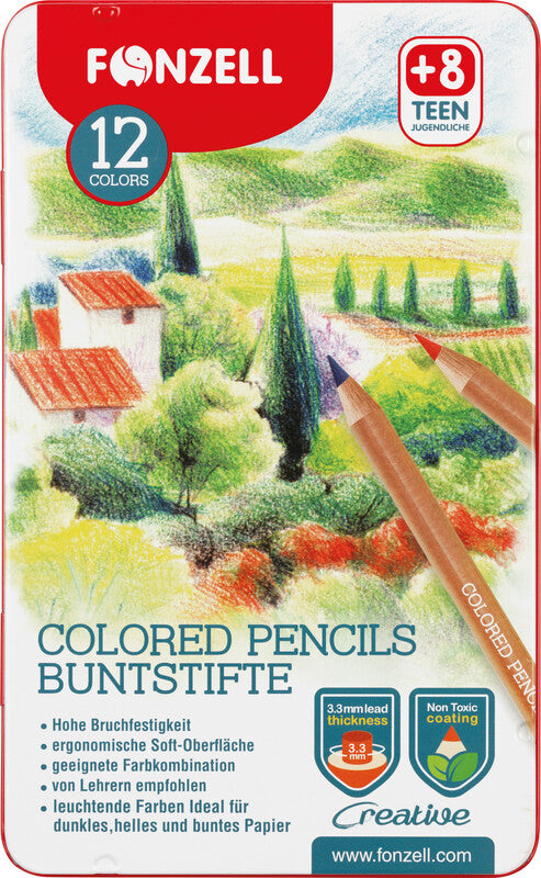 Fonzell Creative Farbstifte-Set – 12 Farben, rund, Mine Ø 3,3 mm, Metallschachtel