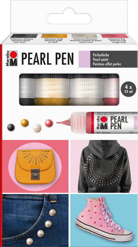 Marabu Perlpen Perlenfarbe – Schwarz/Gold/Perlmutt/Rot – 4 Farben – 100 ml – für Textilien, Papier, Holz