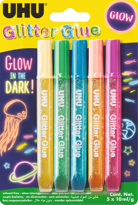UHU Glitzerkleber – farbig sortiert – Set 5 × 10 ml – auswaschbar, lösemittelfrei