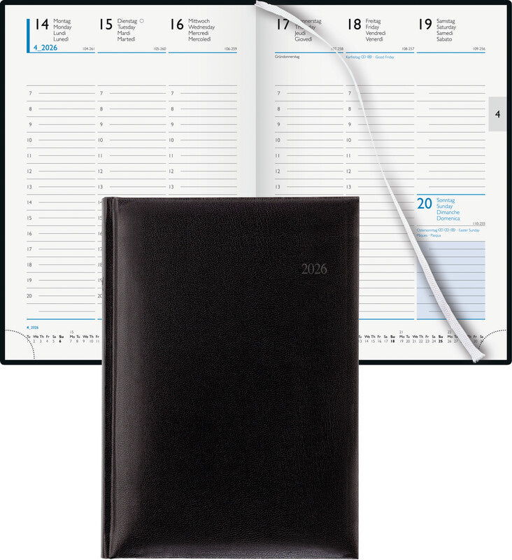 Biella Budget 7 Agenda – 1 Tag/2 Seiten, gebunden, 14,5 × 20,5 cm, 2026, 1‑h‑Takt, schwarz, FSC