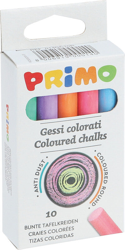Primo Runde Kreiden – Mehrfarbig – 10 Farben – für Tafel, Papier und Karton – Ø 9 mm × 80 mm – in Schachtel