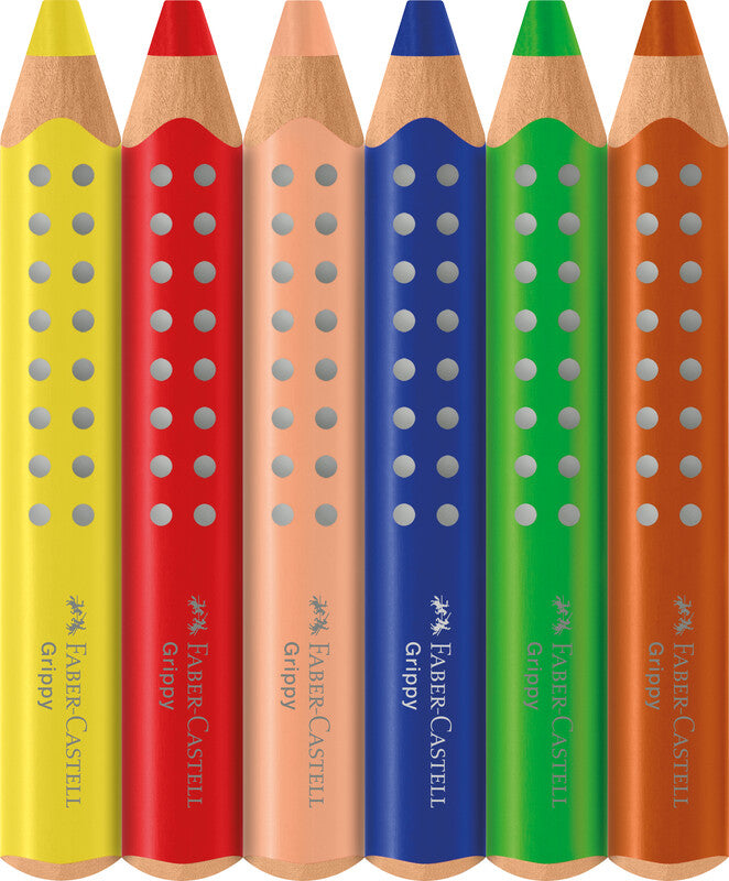 Faber-Castell 3-in-1 Farbstifte Grippy – 6 Farben, im Kartonetui, mit Spitzer, Ø 3 mm, dreikantig