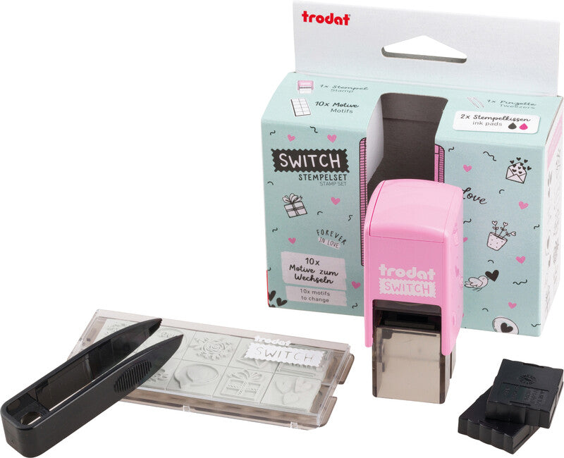 Trodat Love Messages Motivstempel-Set – selbstfärbend, 10 Textplatten 19 × 19 mm, 2 Kissen (pink/schwarz)