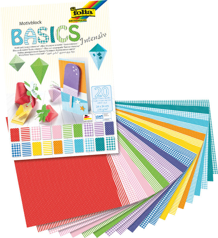 Folia Motivkartonblock, Basics intensiv – 240 × 340 mm – 270 g/m² – sortiert – 20 Blatt