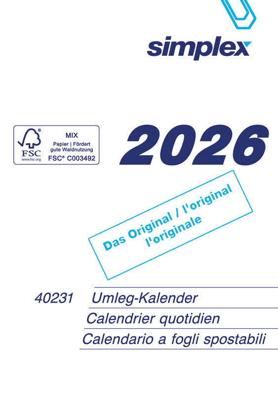 Simplex Kalender-Einlage – 1 Tag/Seite, 2-fach (70 mm), 12,5 × 17,5 cm, 2026