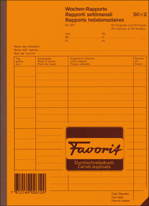 Favorit Formularblock – Wochen-Rapporte, mehrsprachig, 50 Blatt, A5