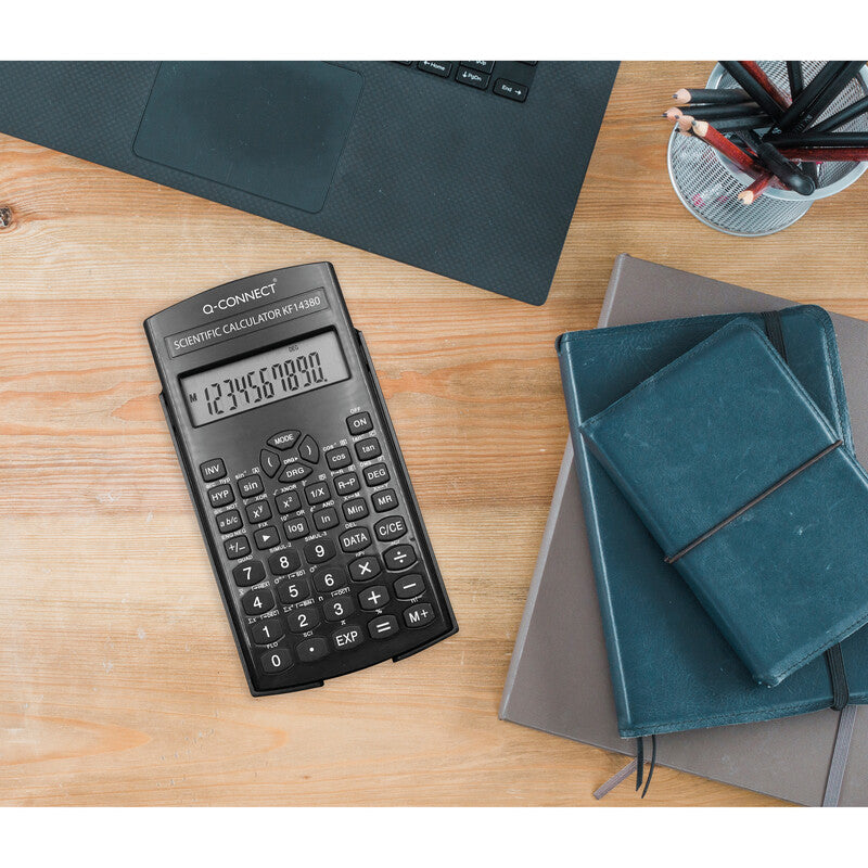 Q-connect Wissenschaftlicher Taschenrechner KF14380 – 12-stellig, LCD, Prozent/Bruch, Batterie, Schwarz