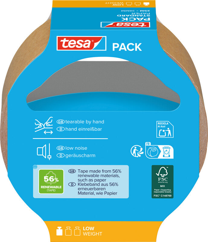 tesa Papierverpackungsband ecoLogo Standard – 38 mm × 25 m, braun, stark, eco:plus