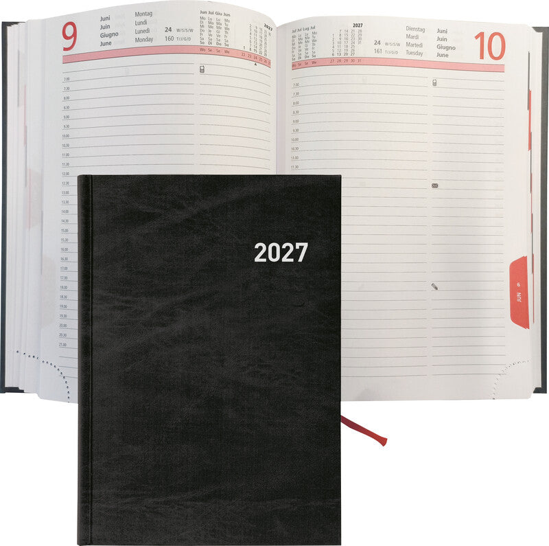 Biella Registra Agenda – 1 Tag/Seite, Gebunden, 14,5 × 20,5 cm, 2027, 1/2-Stunden-Takt, Schwarz, FSC