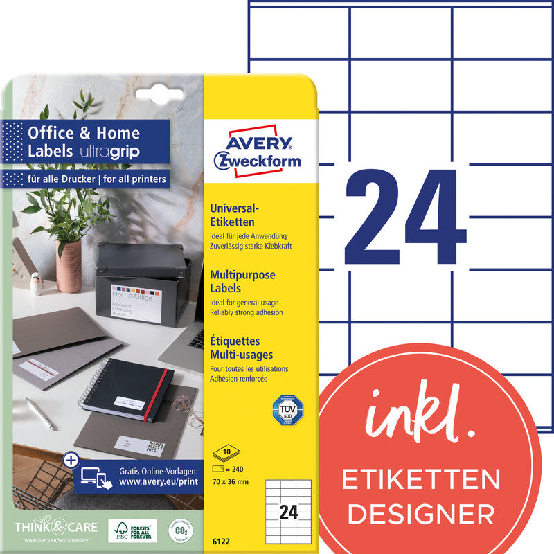 Avery Druckeretiketten, 70 mm × 36 mm, weiss, Papier, permanent, 10 Blätter (240 Etiketten)