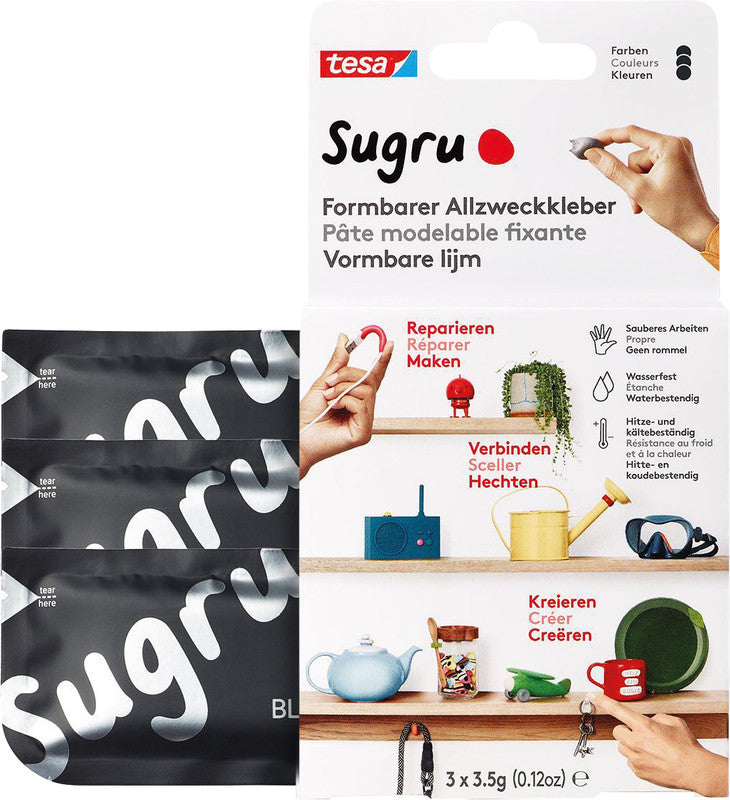TESA SUGRU Vielzweckkleber – permanent, schwarz, formbar, 12-24 h, 3 × 3,5 g, für Glas, Keramik, Holz und mehr