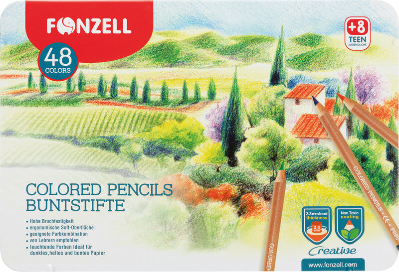 Fonzell Creative Farbstifte-Set – 48 Farben, rund, Mine Ø 3,3 mm, Metallschachtel