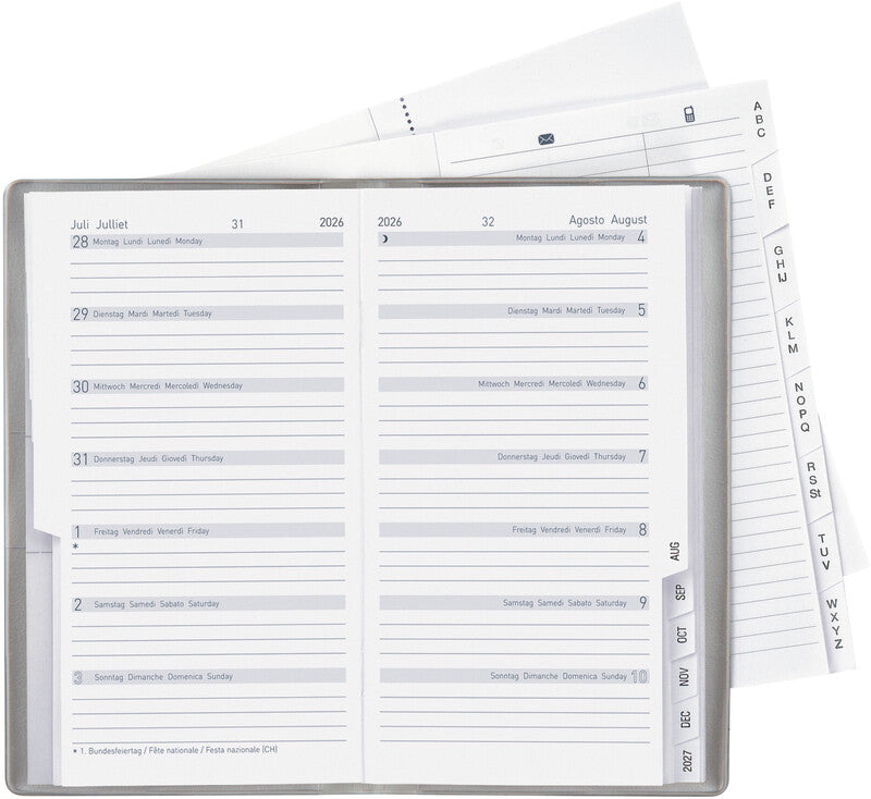 Biella Planer Bern Agenda – 1 Woche/1 Seite, geheftet, 8,7 × 15,3 cm, Jan–Dez, 2026, silber, PEFC