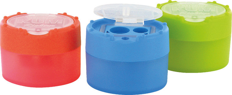 Kum Spitzer – manuell, 2-Loch, mit Behälter, für Blei- und Buntstifte Ø 8 und 11 mm, Kunststoff, assortiert
