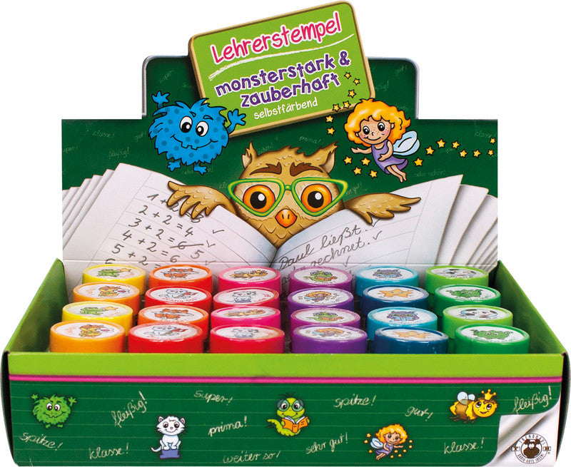 Trendhaus Lehrerstempel-Set Monsterstark und Zauberhaft – 12er-Set, selbstfärbend, Kunststoff, Ø 26 mm