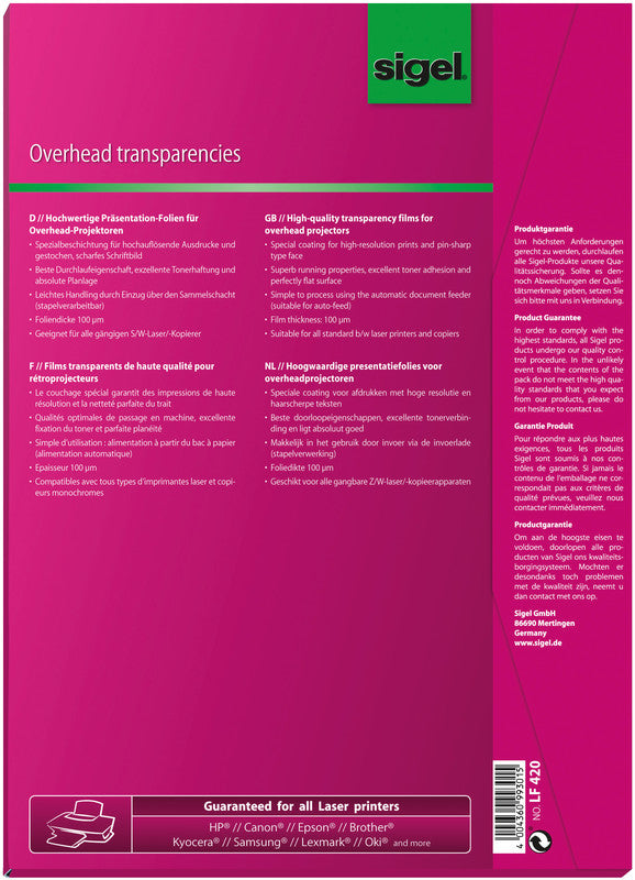 Sigel Spezialfolie – für S/W-Kopierer und Laserdrucker, A4 (210 × 297 mm), 50 Blatt