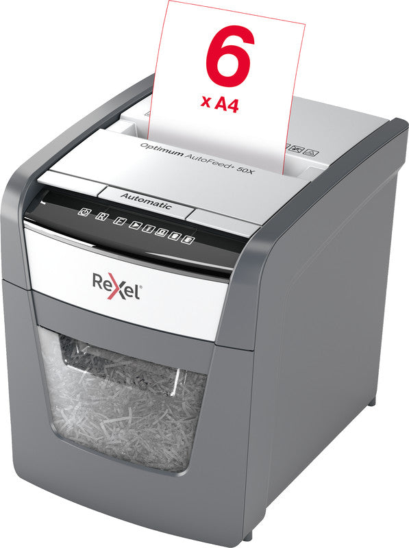 Rexel Optimum AutoFeed+ 50X – Aktenvernichter mit Autofeed 50 Blatt, DIN P-4, Partikelschnitt 4 × 28 mm, 20 l