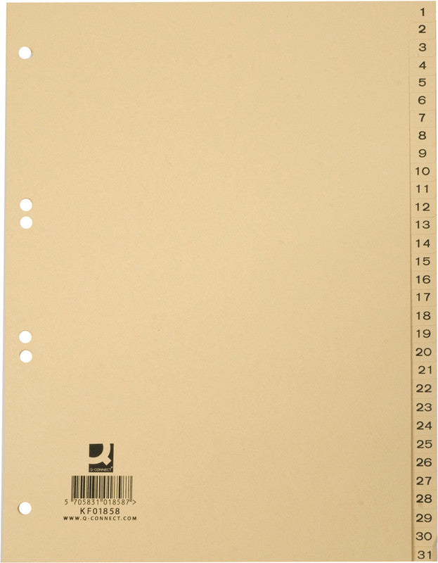 Q-connect Register – A4, 31-teilig, Papier, braun, vorgedruckt, 4-fach gelocht