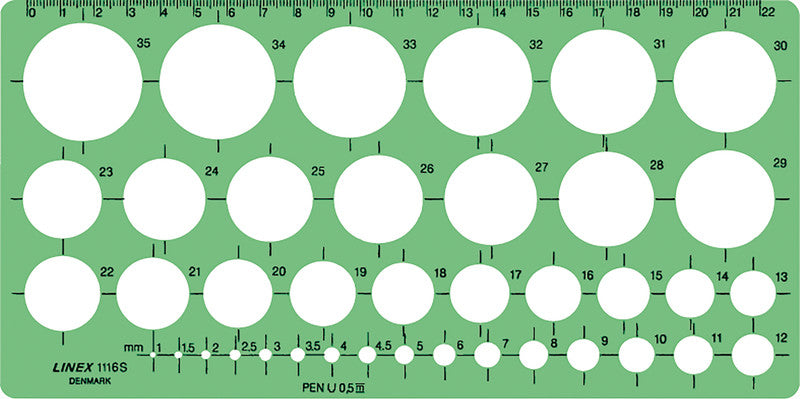 Linex Kreisschablone – Ø 1–35 mm, mit Tuschenoppen, 240 × 120 mm, Kunststoff, grün