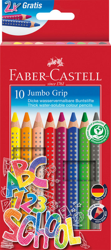 Faber-Castell Aquarellfarbstifte Jumbo Grip – 10 Farben, im Kartonetui, Ø 5,3 mm, dreikantig, FSC