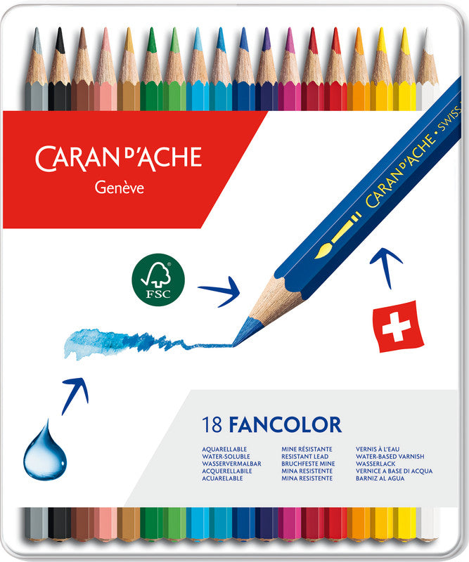 Caran d-Ache Caran d'Ache Aquarellfarbstifte Fancolor – 18 Farben, im Metalletui, Ø 2,8 mm, FSC