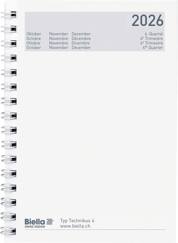 Biella Technikus 4 Agenda – 1 Tag pro Seite, Spiralbindung, 10,1 × 14,2 cm, 2026, 1-h-Takt, Schwarz, FSC